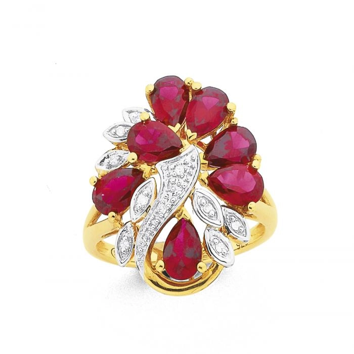 9ct Gold Created Ruby & Diamond Cluster Ring