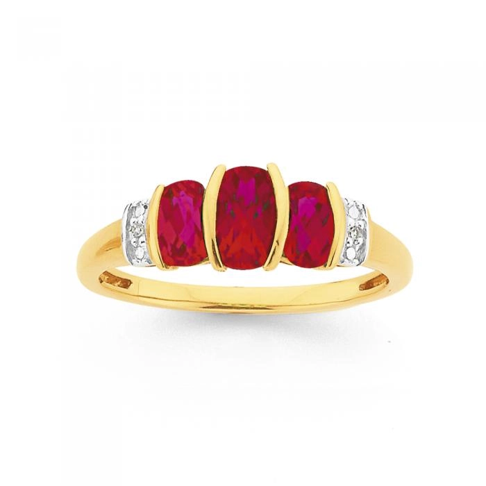 9ct Gold Created Ruby & Diamond Cushion Trilogy Ring