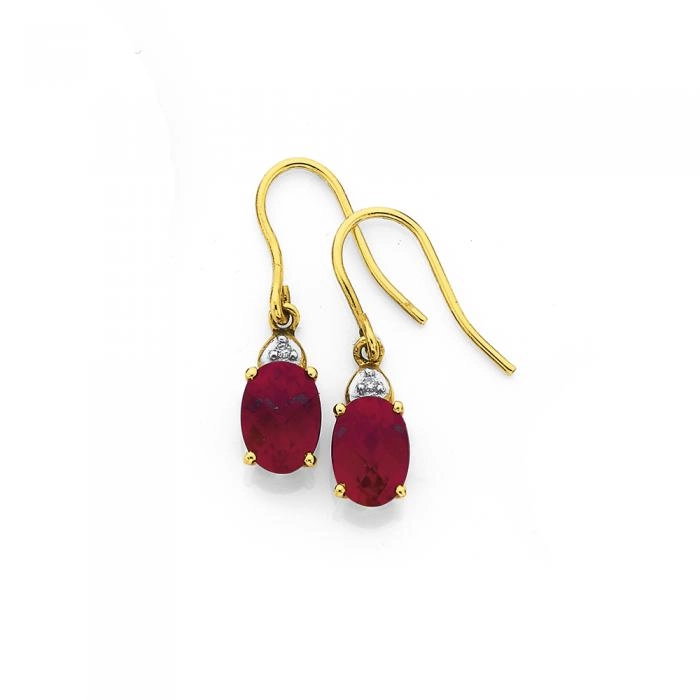 9ct Gold Created Ruby & Diamond Drop Earrings