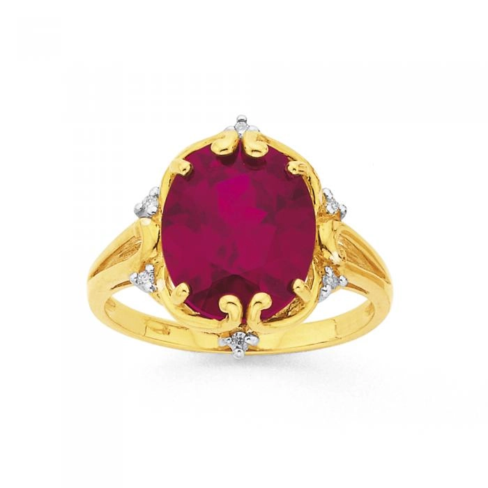 9ct Gold Created Ruby & Diamond Filigree Ring