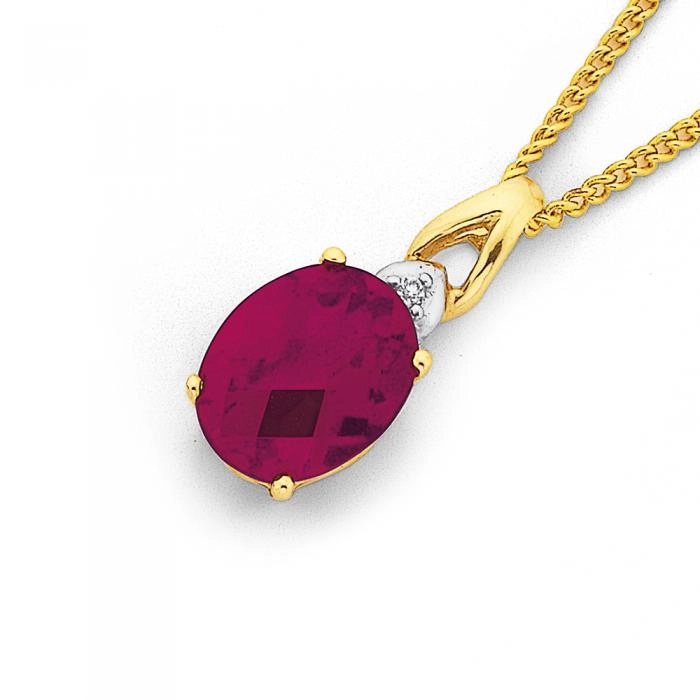 9ct Gold Created Ruby & Diamond Pendant