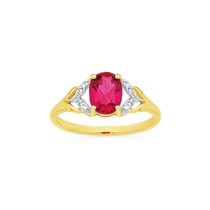 9ct Gold Created Ruby & Diamond Shoulder Ring