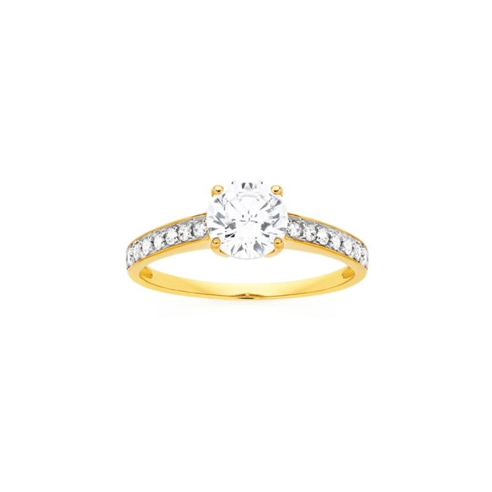 9ct Gold Cubic Zirconia Round Brilliant Cut Shoulder Ring