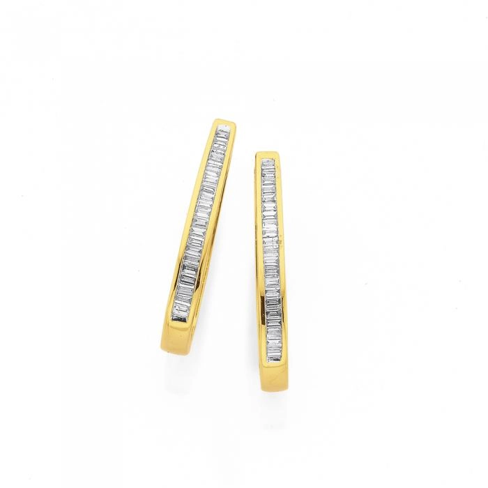 9ct Gold Diamond Baguette Cut Huggie Earrings