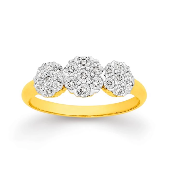 9ct Gold Diamond Cluster Trilogy Ring