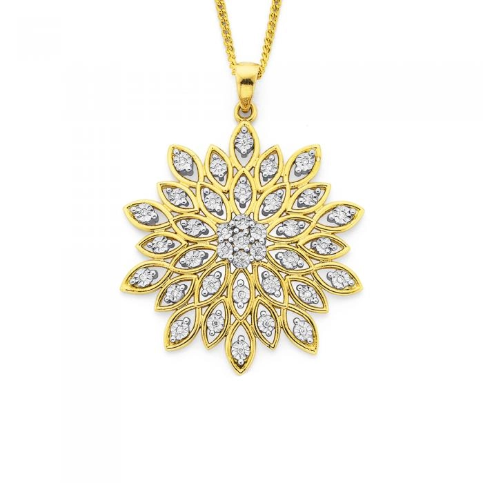 9ct Gold Diamond Fancy Flower Pendant