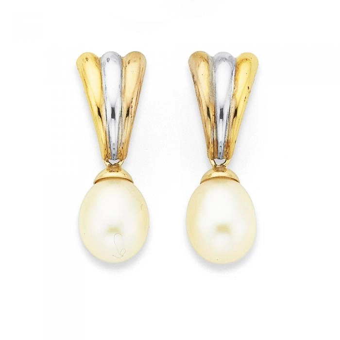 9ct Gold Tri Tone Cultured Freshwater Pearl Fan Teardrop Earrings