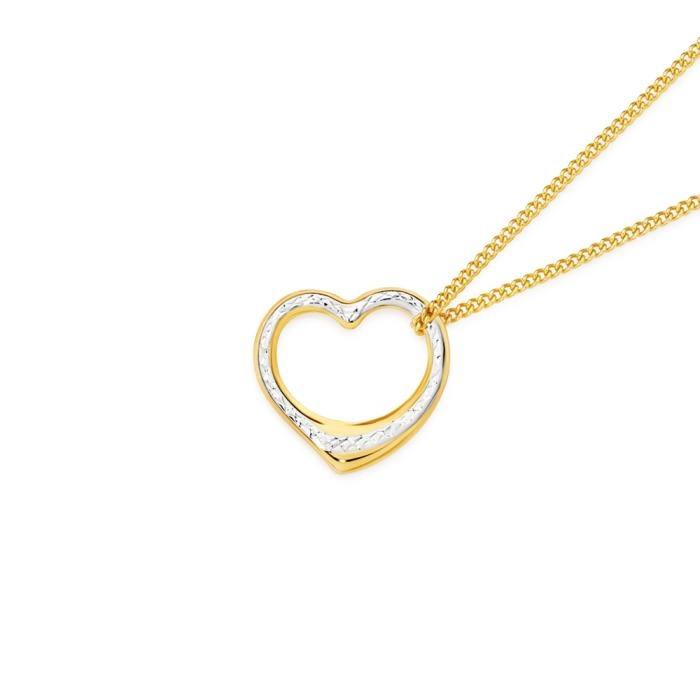 9ct Gold Two Tone 16mm Diamond-Cut Floating Heart Pendant