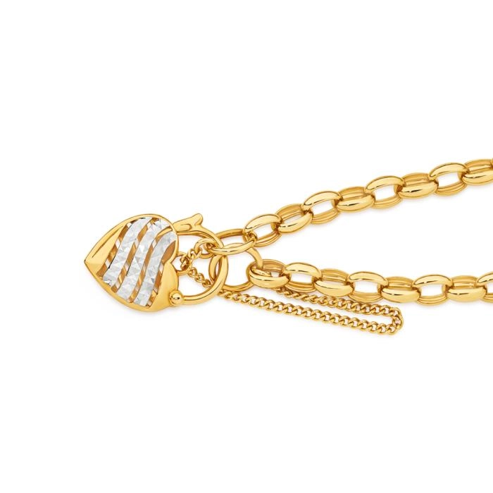 9ct Gold Two Tone 19cm Solid Diamond-Cut Wave Padlock Bracelet