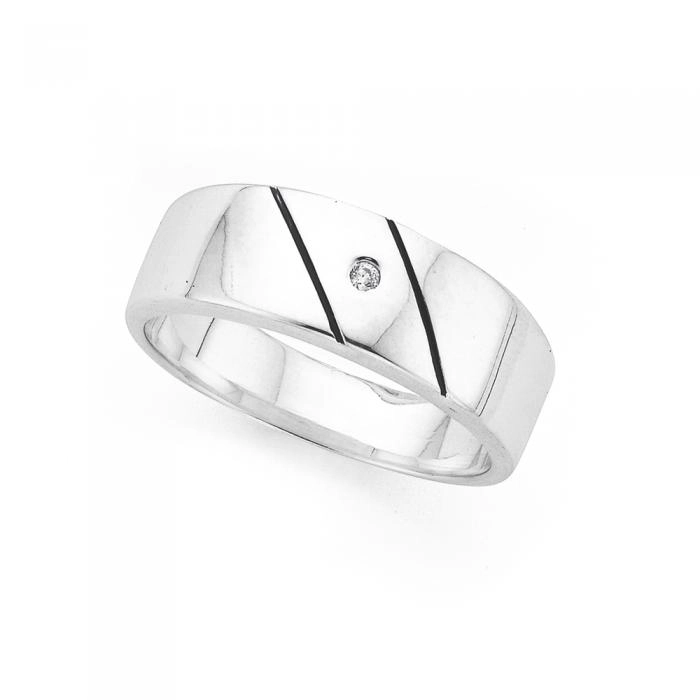 Sterling Silver 7.5mm Cubic Zirconia Diagonal Stripe Gents Ring