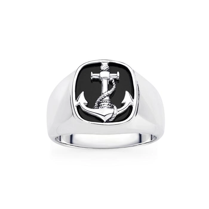 Sterling Silver Black Agate Anchor Gents Ring