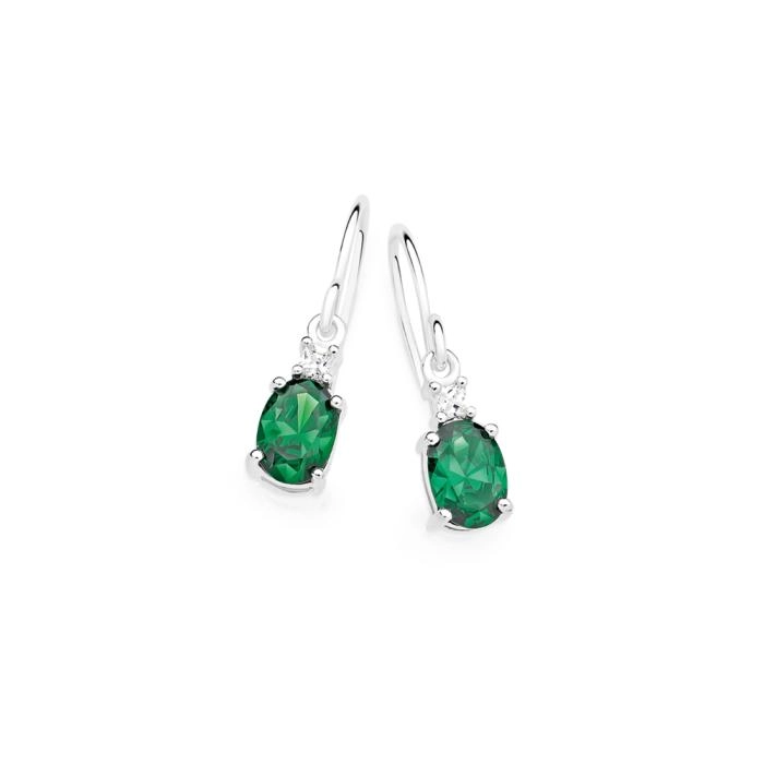 Sterling Silver Green Cubic Zirconia Oval Drop Earrings