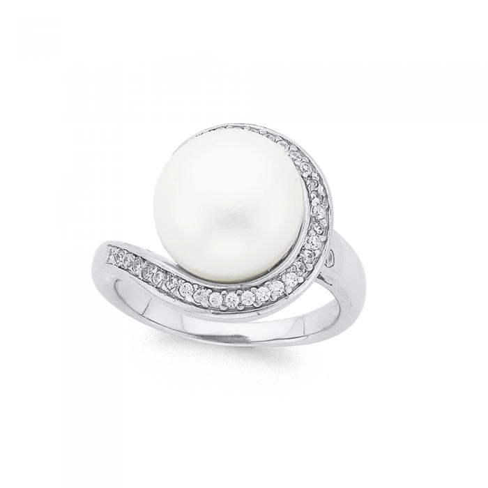 Sterling Silver Large Cultured Freshwater Pearl & Cubic Zirconia Swirl Ring