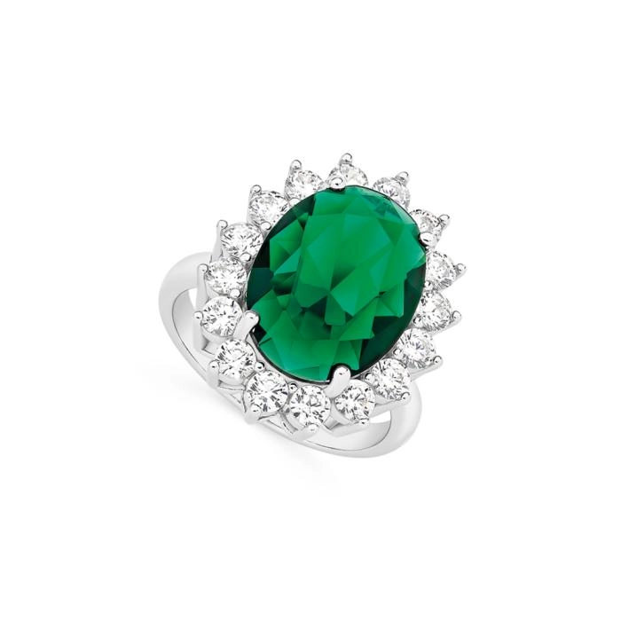 Sterling Silver Large Oval Green Glass & Cubic Zirconia Ring