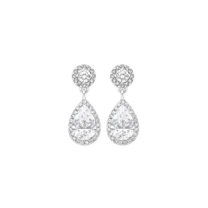 Sterling Silver Pear & Round Cubic Zirconia Halo Drop Stud Earrings