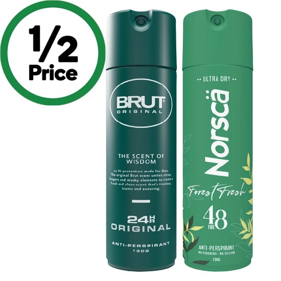 Brut 24hr Antiperspirant or Norsca Antiperspirant Deodorant 130g