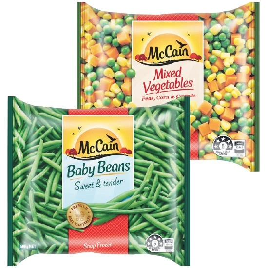 McCain Baby Beans or McCain Mixed Vegetables Peas, Corn & Carrots 500g – From the Freezer