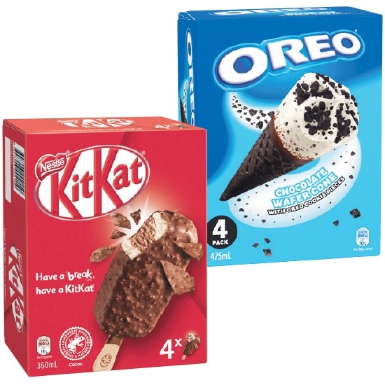 Oreo or Kit Kat Cones, Sticks or Sandwiches 360-540ml Pk 4 – From the Freezer