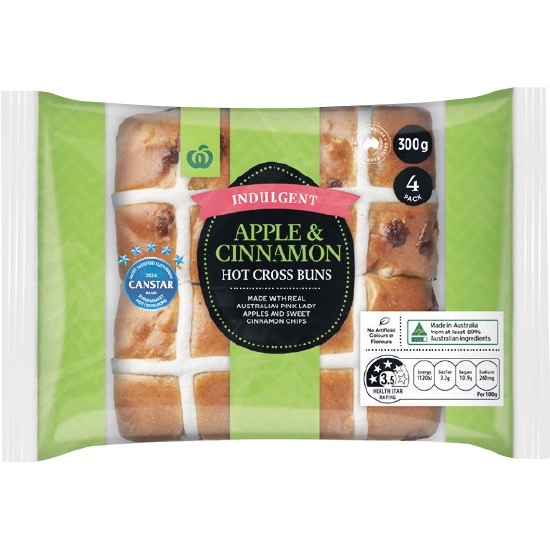 Woolworths Indulgent Apple & Cinnamon Hot Cross Buns Pk 4