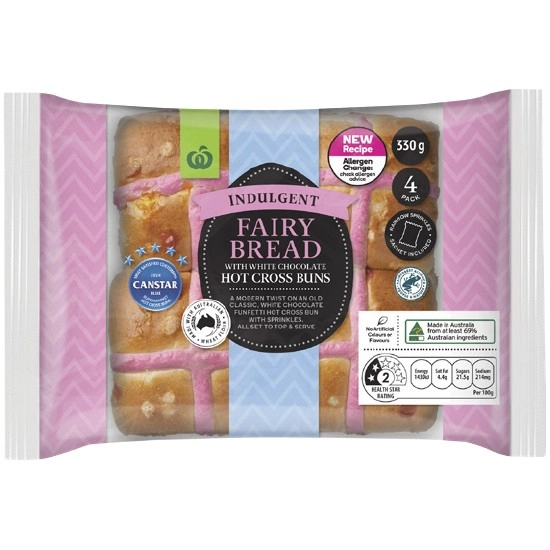 Woolworths Indulgent Fairy Bread Hot Cross Buns Pk 4