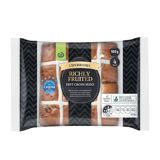 Woolworths Luxurious Richly Fruited Hot Cross Buns Pk 4