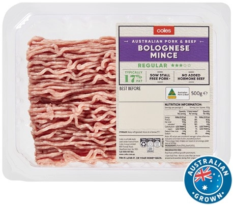 Coles Australian Pork & Beef 3 Star Regular Mince Bolognese 500g