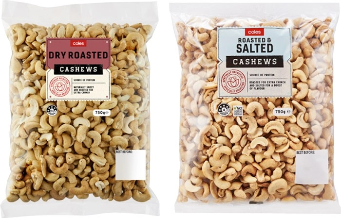 Coles Roasted & Salted or Dry Roasted Cashews 750g Pack