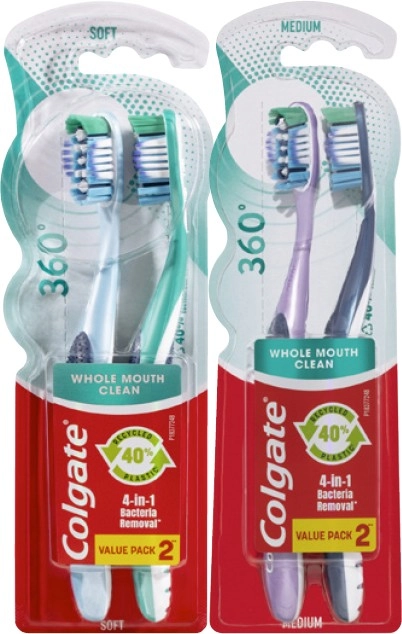 Colgate 360 Degree Toothbrush Soft or Medium 2 Pack