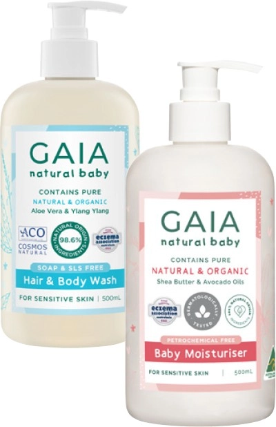 Gaia Natural Baby Hair & Body Wash or Moisturiser 500mL