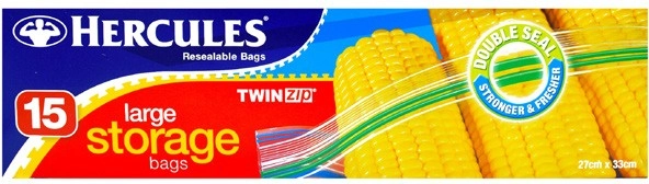 Hercules TwinZip Resealable Large Storage Bags 15 Pack