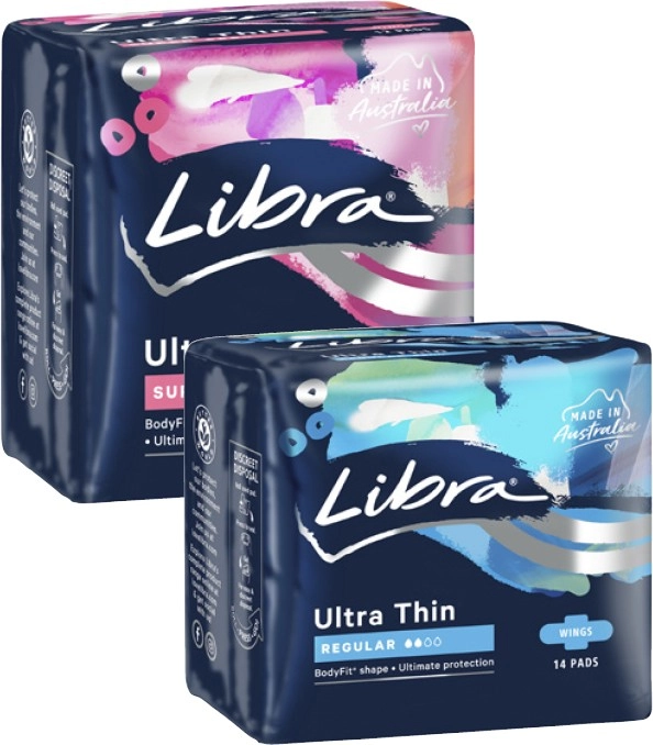 Libra Ultra Thin Pads with Wings Regular 14 Pack or Super 12 Pack