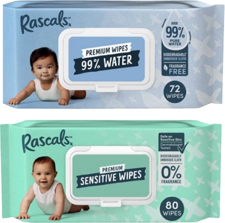 Rascals Premium Baby Wipes Sensitive 80 Pack or 99% Water 72 Pack