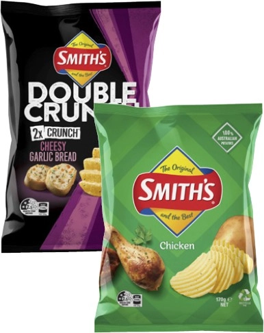 Smith's Crinkle Cut or Double Crunch Potato Chips 150g-170g