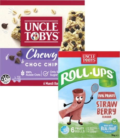 Uncle Tobys Muesli Bars 6 Pack 185g or Roll Ups 6 Pack 94g