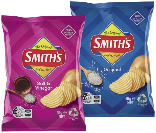 Smith’s Crinkle Cut Chips, Twisties or Doritos Corn Chips 45g Selected Varieties