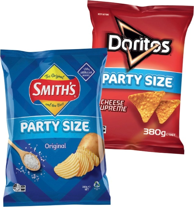 Doritos Corn Chips, Smith’s Crinkle Cut 380g or Red Rock Deli Chips Party Size 290g Selected Varieties