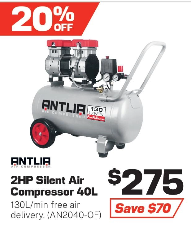 Antlia Air Compressor Super Quiet 2HP 130L/min 40L - AN2040-OF