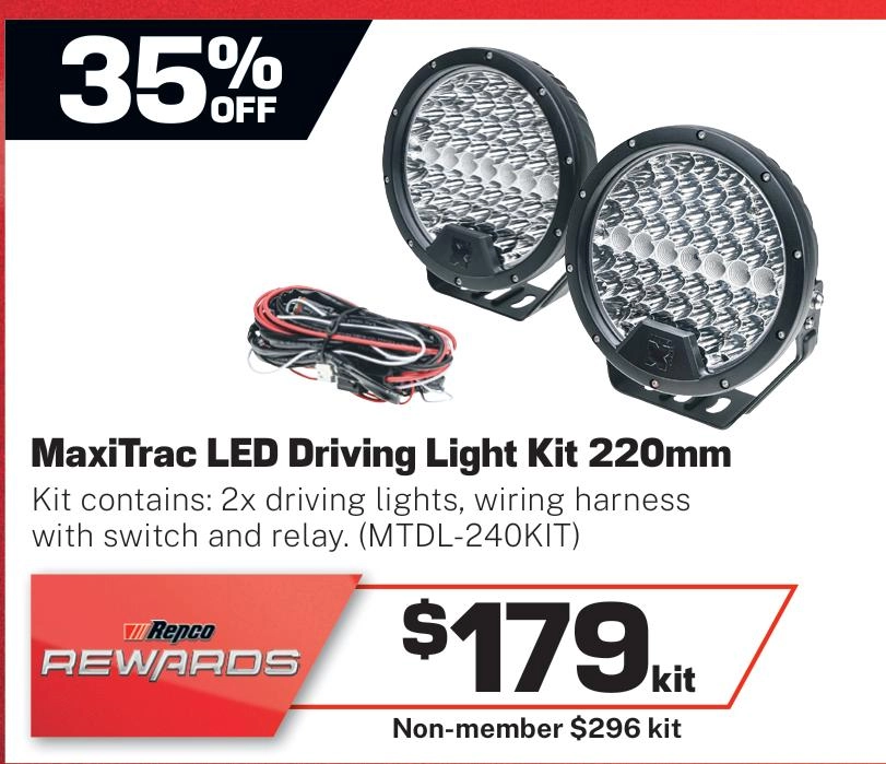 MaxiTrac 220mm LED Driving Light Kit, 20582 Lumens, Waterproof, Wiring Harness Included - MTDL-240KIT