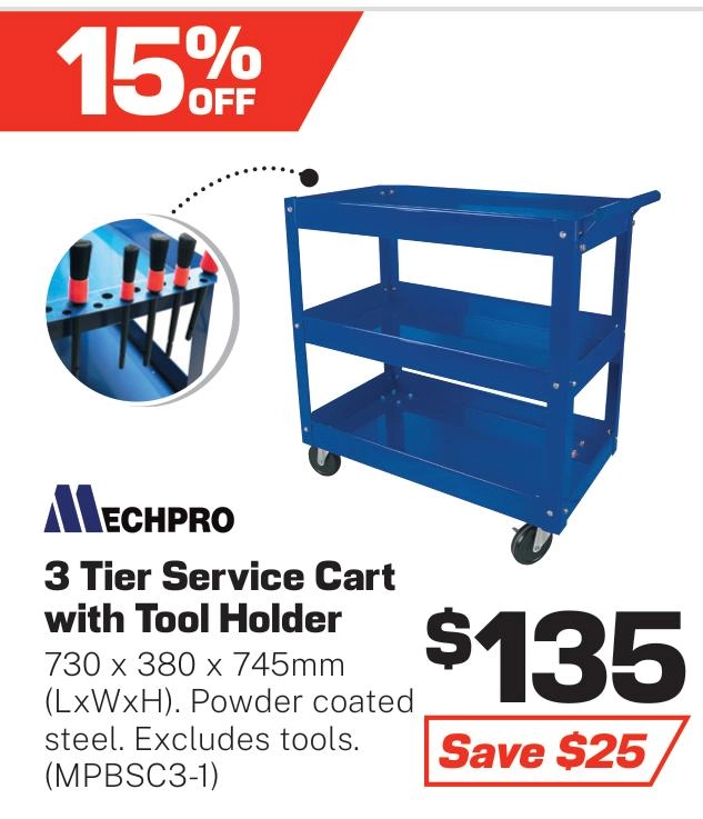 Mechpro 3 Tier Service Cart with Tool Holder - MPBSC3-1