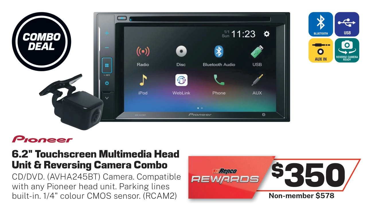 Pioneer 6.2in Touchscreen Head Unit with CD Player - AVHA245BT