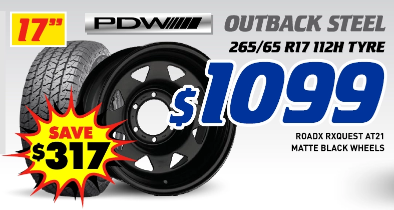 17" 4 Wheel & 4 Tyre Packages - PDW Outback Steel Wheels RoadX Rxquest AT21