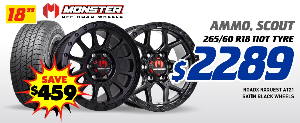 18" 4 Wheel & 4 Tyre Packages - Monster Ammo & Scout RoadX Rxquest AT21