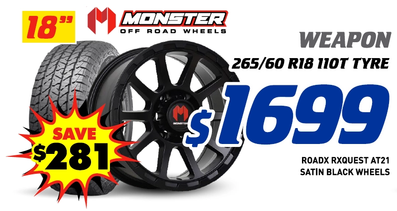 18" 4 Wheel & 4 Tyre Packages - Monster Weapon RoadX Rxquest AT21