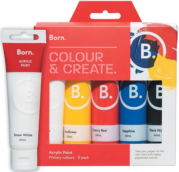 Born 5 Pack Acrylic Paint 60mL - Primary Colours