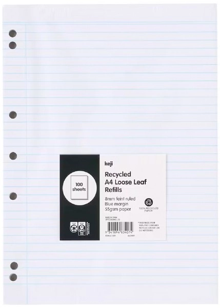 Keji 100 Sheets A4 55gsm Loose Leaf Refills - Recycled