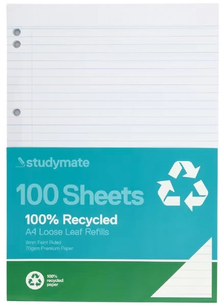 Studymate 100 Sheets A4 70gsm Loose Leaf Refills - Recycled