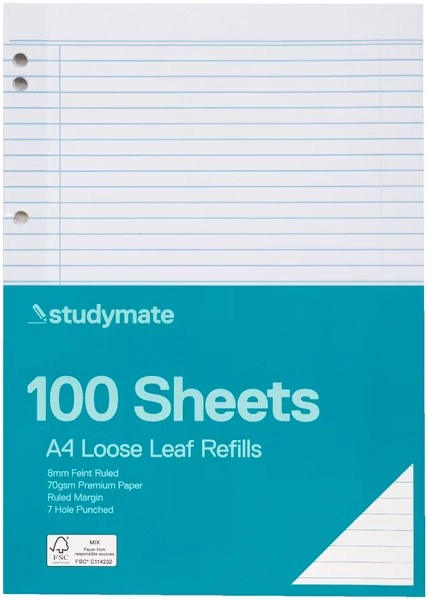 Studymate 100 Sheets A4 70gsm Loose Leaf Refills