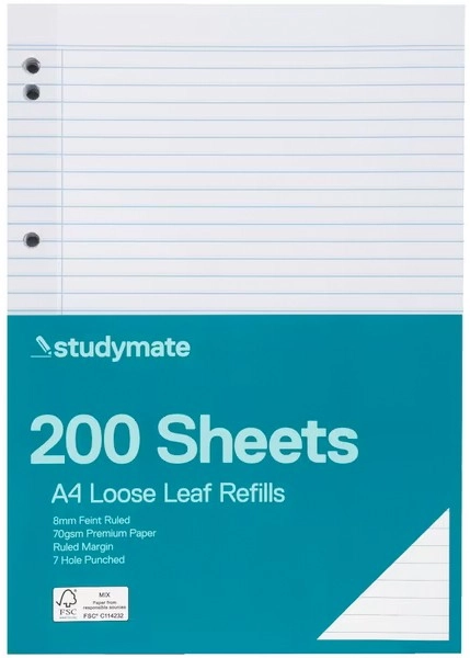 Studymate 200 Sheets A4 70gsm Loose Leaf Refills