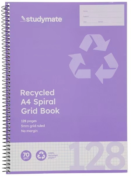 Studymate A4 128 Page 70gsm 5mm Spiral Grid Book - Recycled