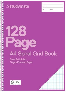 Studymate A4 128 Page 70gsm 5mm Spiral Grid Book